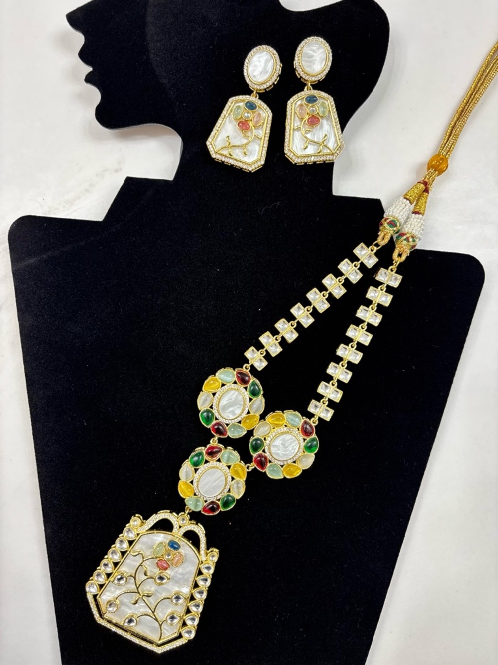 Multicolor Stones with Motherof Pearl Mala Necklace with Matching Earrings